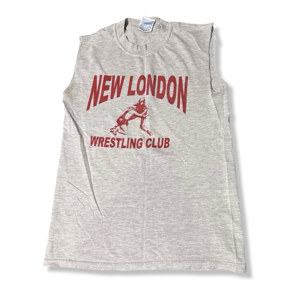 Vintage Y2K New London Wrestling Sleeveless Gray T Shirt Size Small